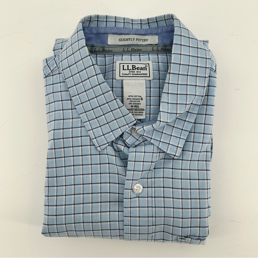 LL Bean Shirt Mens M Slightly Fitted Comfort Stretch Blue Check Heritage Preppy - Picture 8 of 8